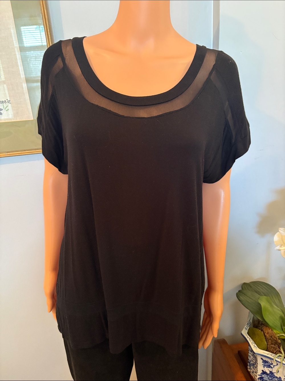 Spense Black Short Sleeve Top with Mesh Yoke, Sleeve and Bottom Detail